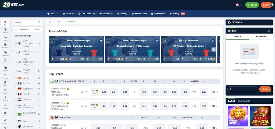 20Bet کے اسپورٹس پیج کے لیے تصویر