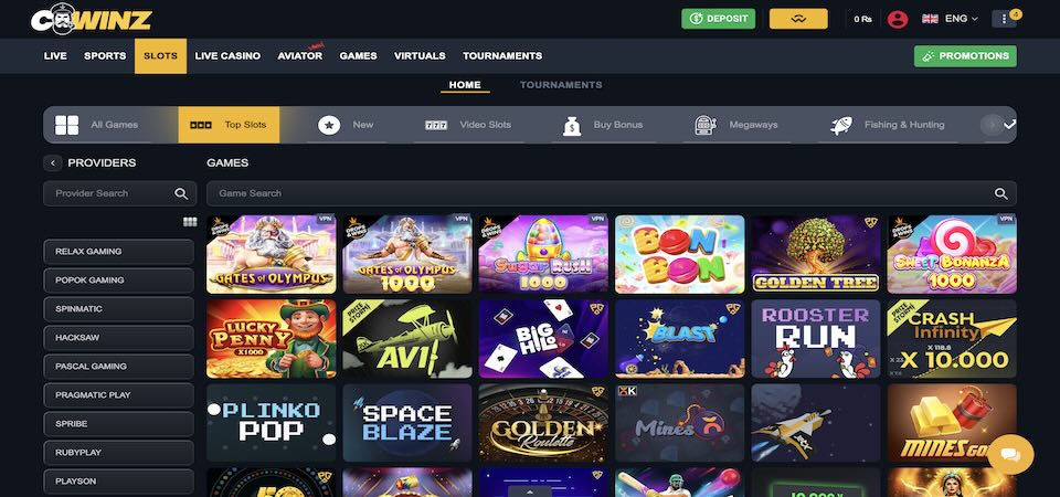 Cwinz سلاٹس صفحہ کا اسکرین شاٹ